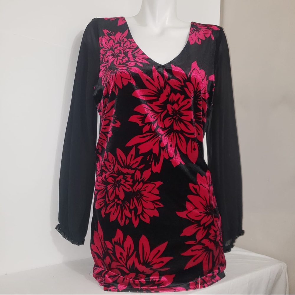 M&Co Ruby Red Floral Black Velvet Long SleeveDres